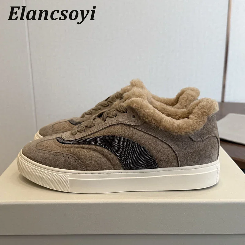 Sneakers Women's Suede String Bead Round Toe Lace Up Flat Shoes Winter Real Wool Lining Warm Thick Bottom Casual Board Shoes