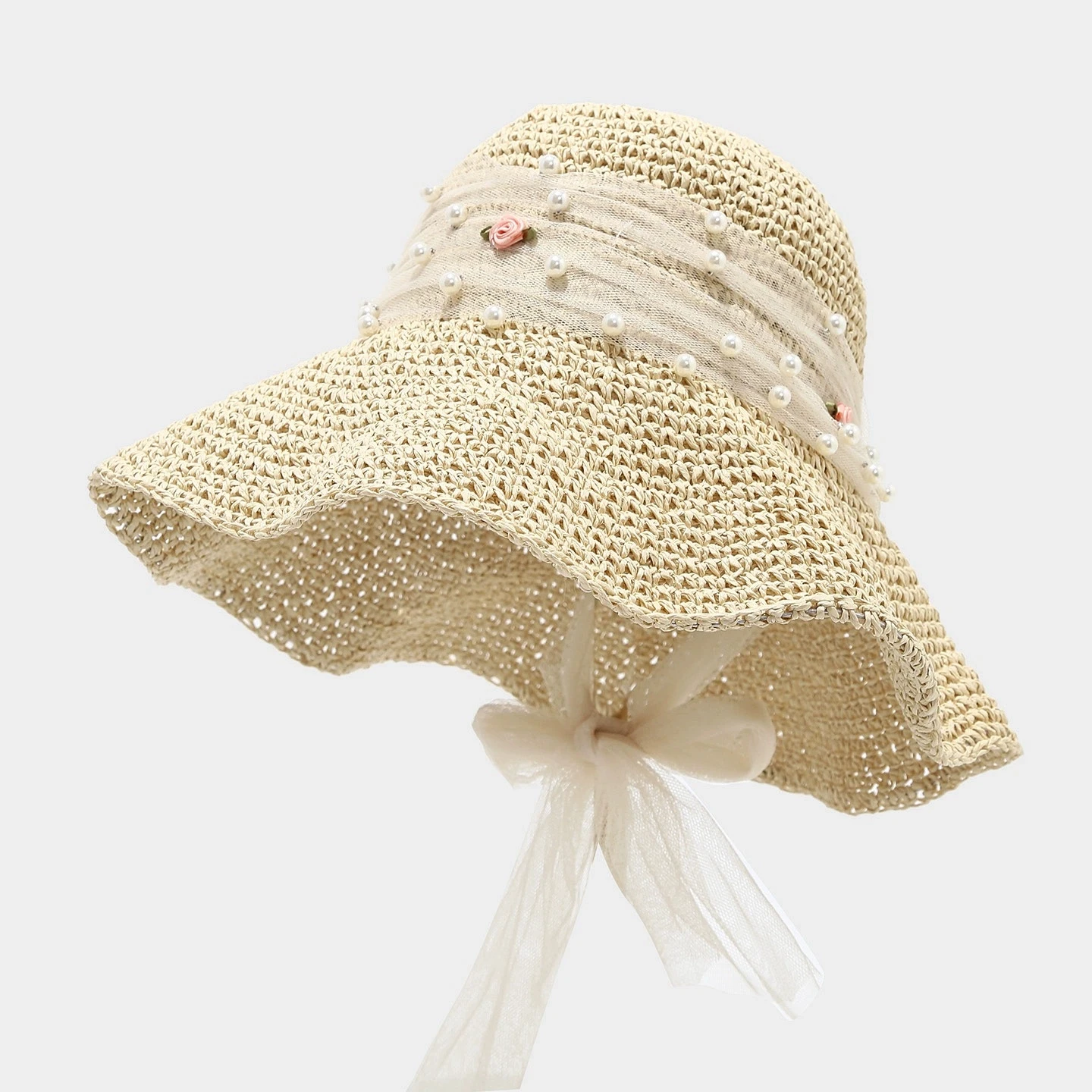 Summer Outdoor Breathable Woven Straw Hat with Mesh Pearl Bow Decoration Fashion Sweet Fresh Casual Sunshade Hat