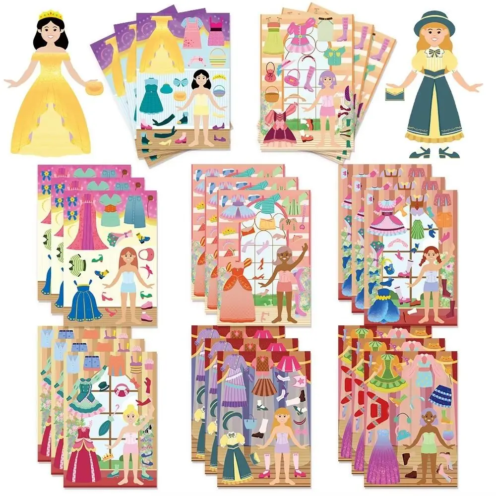 8PCS New Cute Princess Dress Up Puzzle Stickers Reusable Creative Luggage Sticker Cartoon Waterproof Scrapbooking Materials