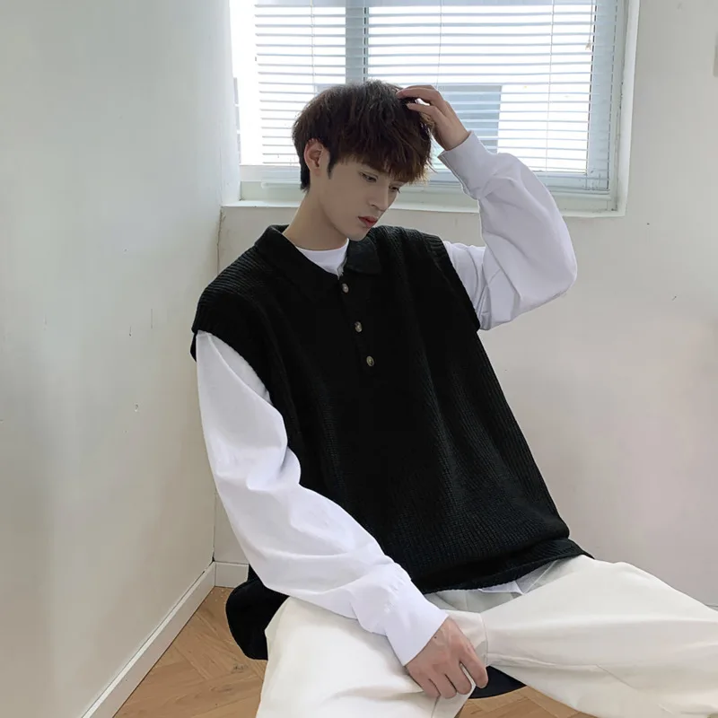 Winter Sweater Vest Men Warm Fashion Casual Black Knitted Pullover Men Korean Loose Sleeveless Sweater Mens Jumper Clothes