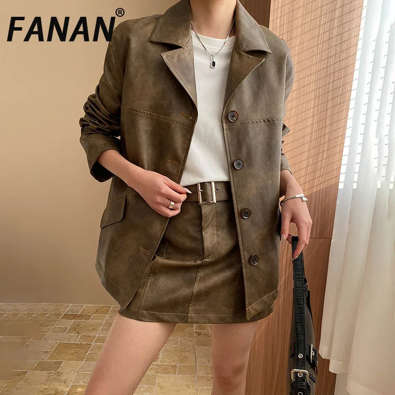 FANAN, Blazers de cuero Vintage para mujer, abrigos de tendencia de manga larga con una hilera de botones para mujer, chaquetas de oficina para mujer, primavera 2025, nuevo