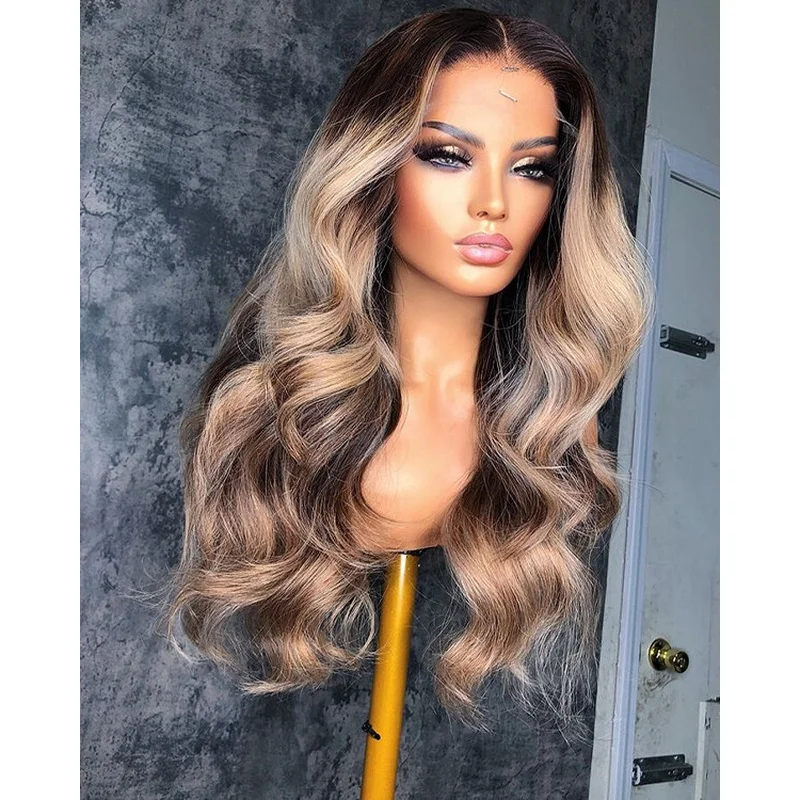 Ash Brown Ombre Wigs Lace Front Wig Long Wave  Hair Wig Glueless Soft Wigs