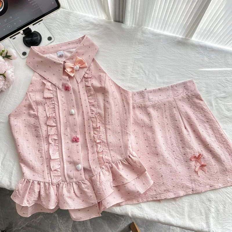 

Sweet Elegant Polka Dot Print 2 Piece Set Women Kawaii Ruffle Bow Slim Tops Y2K Mini Skirt American Retro Aesthetic Skirt Sets
