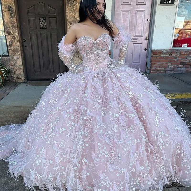 Sweetheart Pink Quinceanera Dresses Tulle Beading Feather Long Sleeve Party Dresses Appliques Lace Up Prom Gown customized