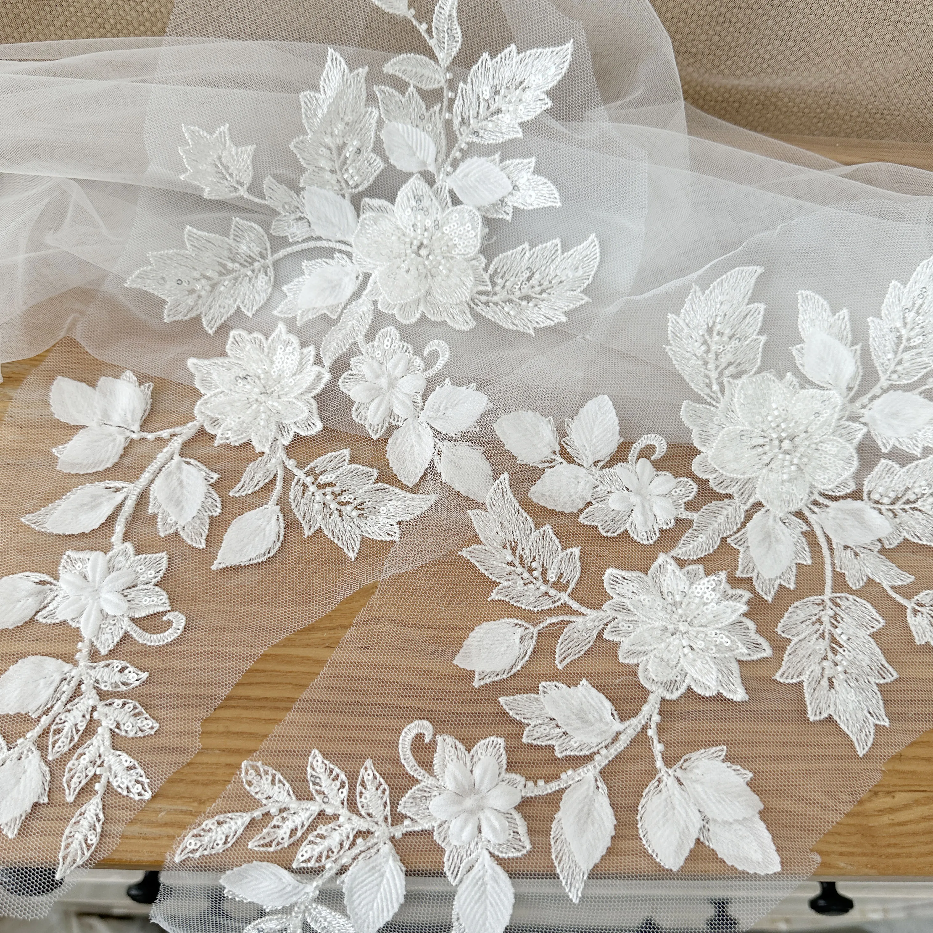 2 Pieces 3D Flower Beaded Leaf Applique Bride Accessories, Sewing DIY Material Clear Sequin Floral Embroidery Lace Applique