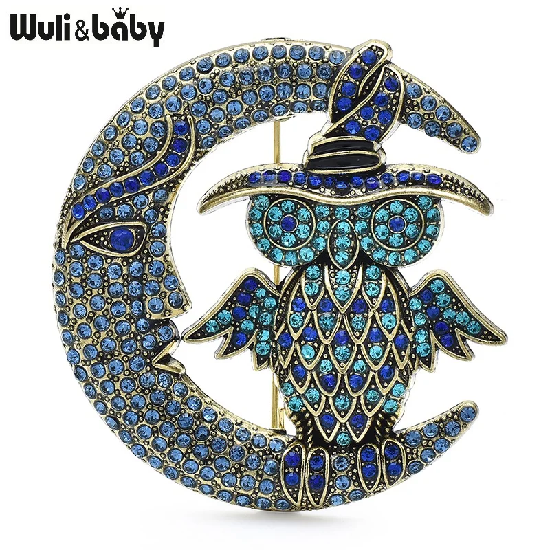 

Wuli&baby Vintage Stand on Moon Owl Brooches For Women Luxury Rhinestone 4-color Charming Moon And Animal Party Brooch Pins Gift