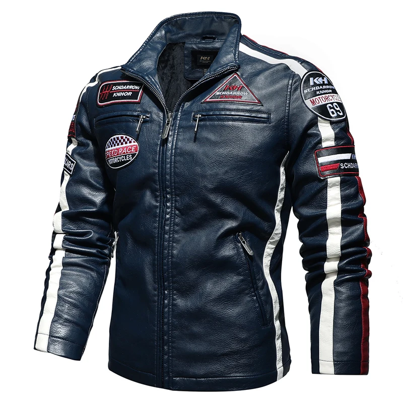 Chaqueta de motocicleta Vintage para hombre, abrigo de cuero de motorista, abrigo de bombardero bordado, abrigo de lana de Pu, moda de invierno, nuevo, 2023