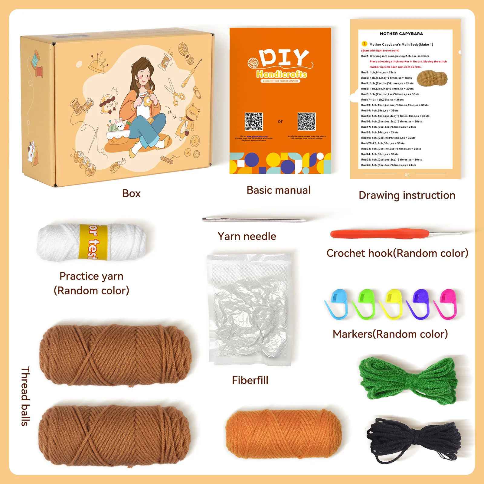 DIY Crochet Kit, Unique 2pcs Capybara Shape Material Kit for Beginners, Hand Knitting Hobby With Written Pattern&Video Tutorials