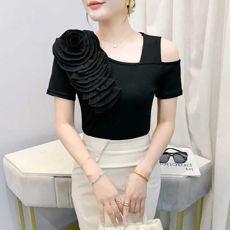 

Elegant Slim Fashionable Pleated Flowers Mesh Tops Blusas New 2025 Summer Short Sleeved Off The Shoulder Women's T-Shirt
