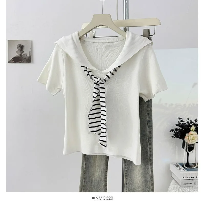 ストライプ柄ストリーマー半袖ニットセーター レディース 2025年夏新作 スリムフィット 無地 フェイクツーピース プルオーバートップス