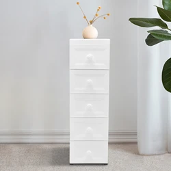 1PC White Floor Standing Storage Cabinet with 5 Drawers Multipurpose Cabinet Bathroom Shelf Organization