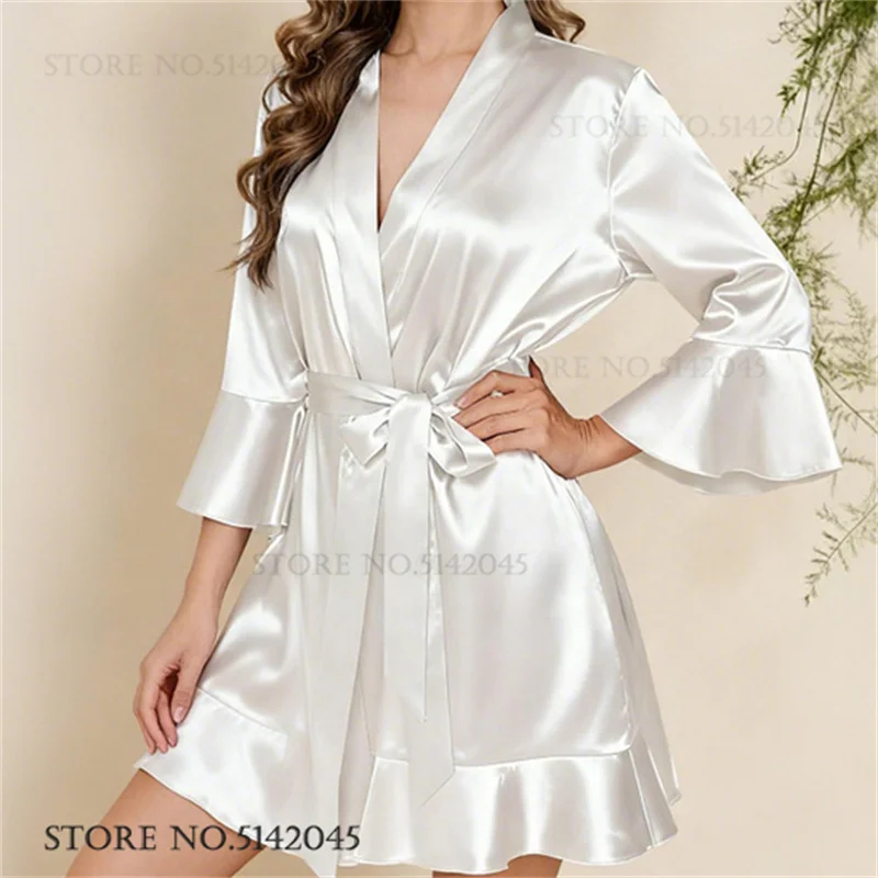 

Silk Satin White Wedding Robe Dress Sexy Bride Sleepwear Kimono Bathrobe Gown Summer New Nightgown Homewear Loose Lingerie