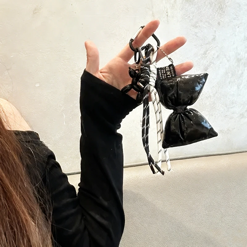 Sweet Quilted Leather Bow Keychain Organizer Cute Mini Bag Charm for Girls Sweet Korean Bow Key Holder with Pendant