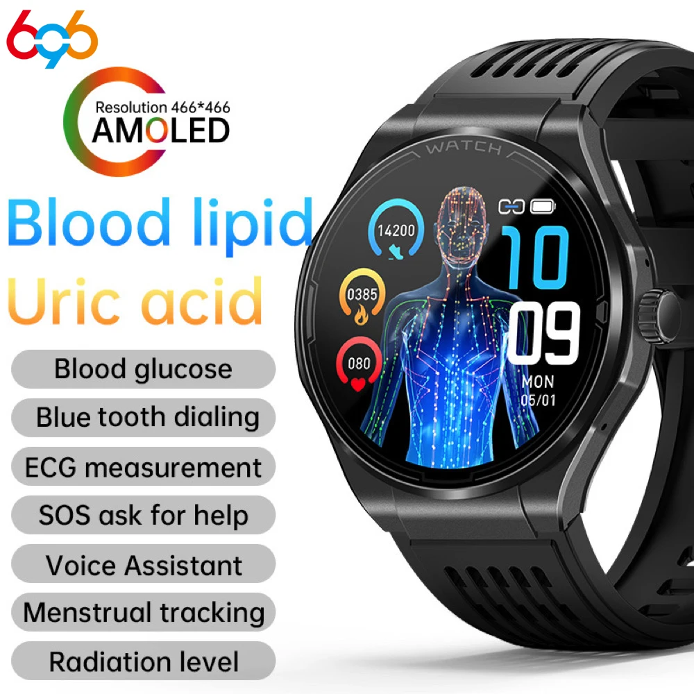 

Смарт-часы для здоровья, AMOLED-экран, умные часы с синим зубом, ЭКГ, PPG, температура тела, часы SOS, музыка, спорт