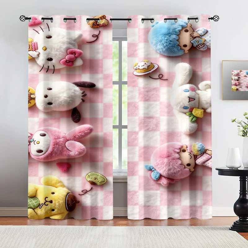 

Плюшевые 3D-шторы Sanrio Kawaii Hello Kitty My Melody с принтом персонажей, розовые в клетку, для спальни девочек, комплект из 2 панелей