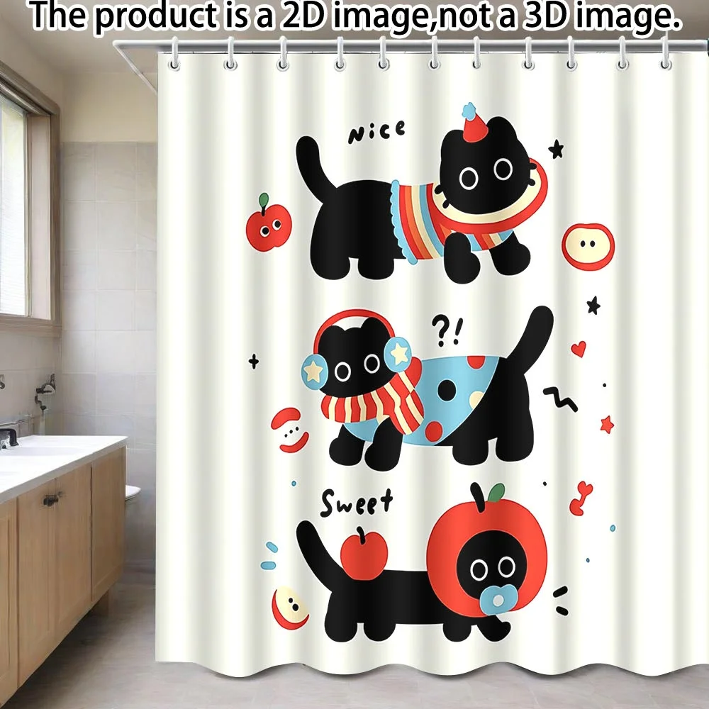 黒猫シャワーカーテン-–-遊び心のあるかわいい猫とリンゴとスカーフ、クリーム色のベース、ポリエステル、71インチ×71インチ、12個のハトメ、手洗い