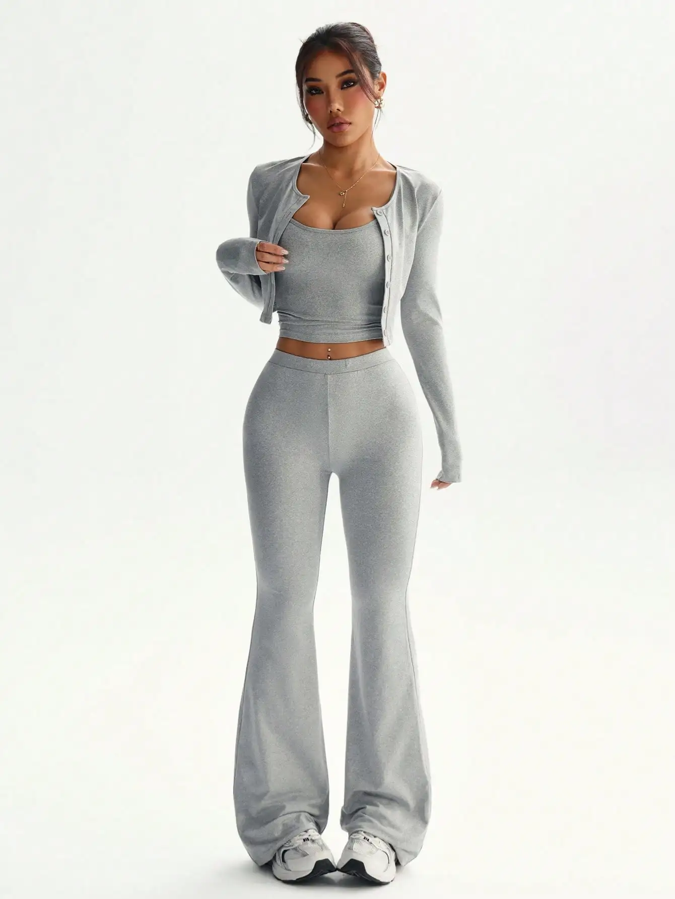 BWQ Conjunto de cárdigan, camisola y pantalones acampanados ajustados de color sólido minimalista de 3 piezas