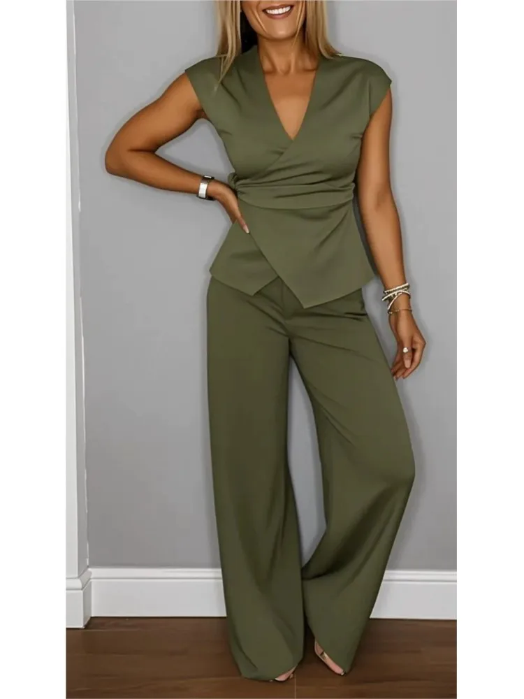 Casual mouwloze V-hals halslijn geplooide knop mouwloze top 2-delige set elegante dames kantoor wijde pijpen lange broek tweedelige set