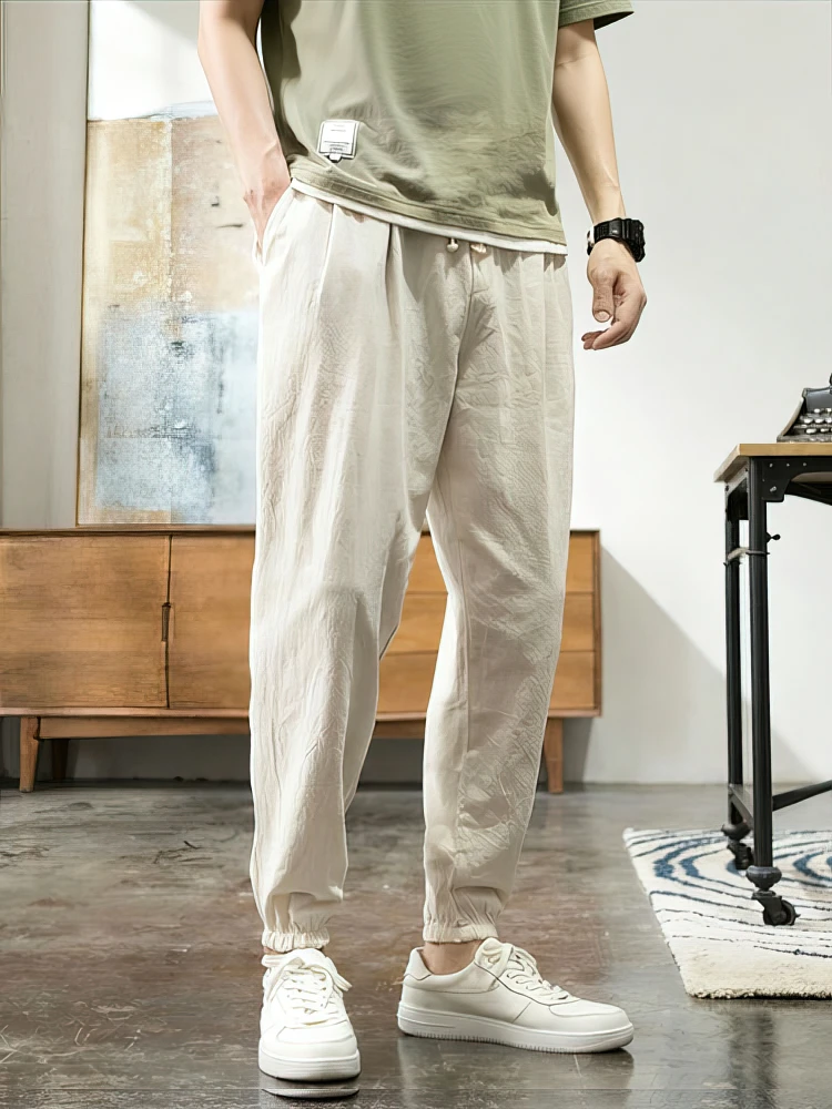 

Абрикосовые белые повседневные хлопковые льняные брюки для бега, мужские спортивные легкие спортивные штаны для бега, мужские дышащие тонкие спортивные штаны для спортзала