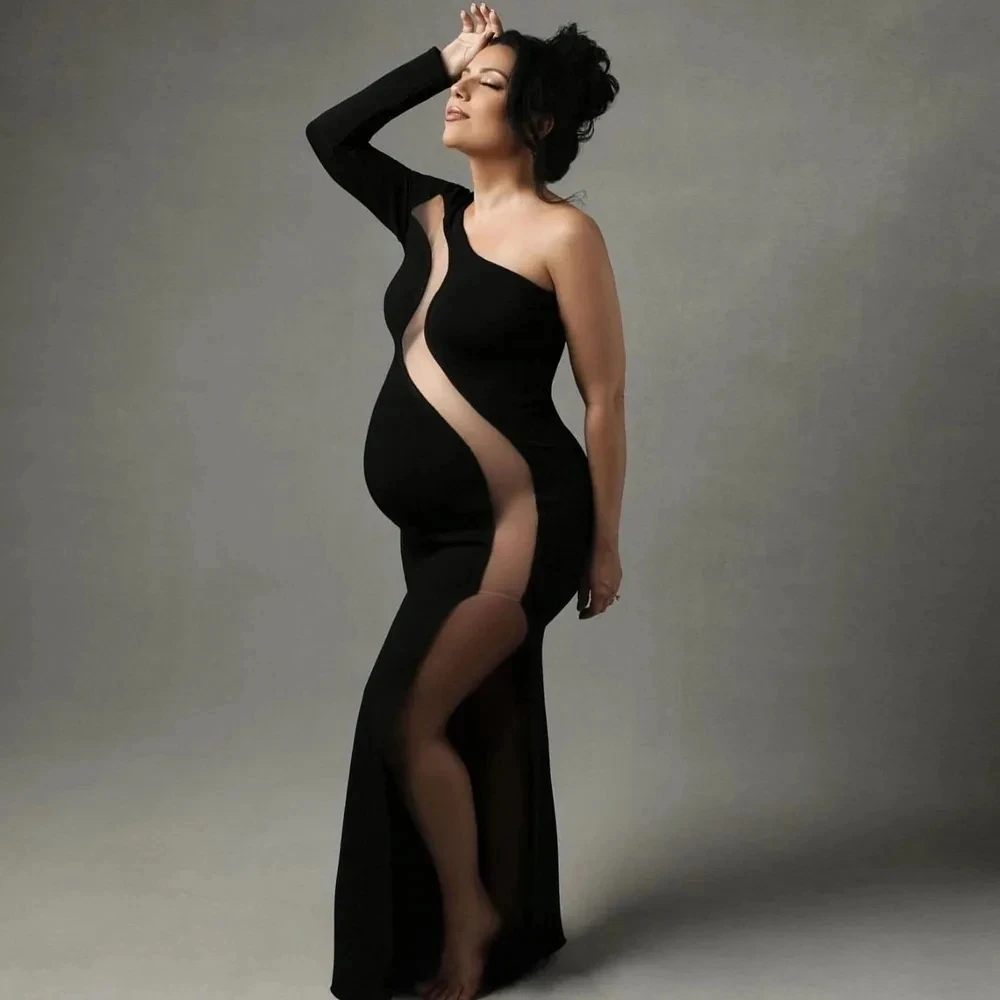 Stretch Maternity Photoshoot Dresses Sexy Black One Shoulder Evening Gowns Elegant Long Sleeve Pregnant Women Photography Outfit