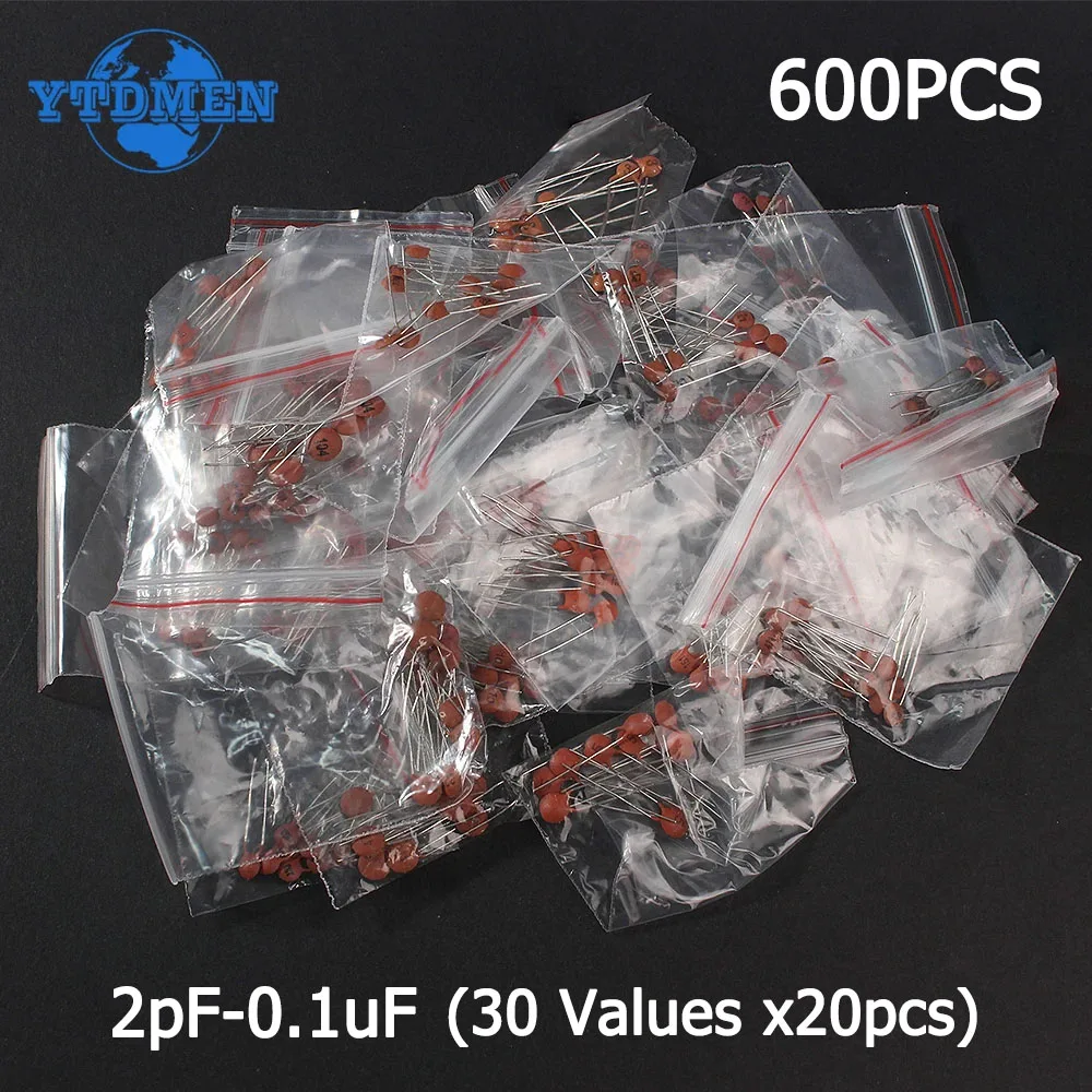 600pcs 50V Ceramic Capacitor Kit 2PF-0.1UF 30Values*20pcs Capacitance Assorted Set DIY Sample Pack Electronic Capacitors Set
