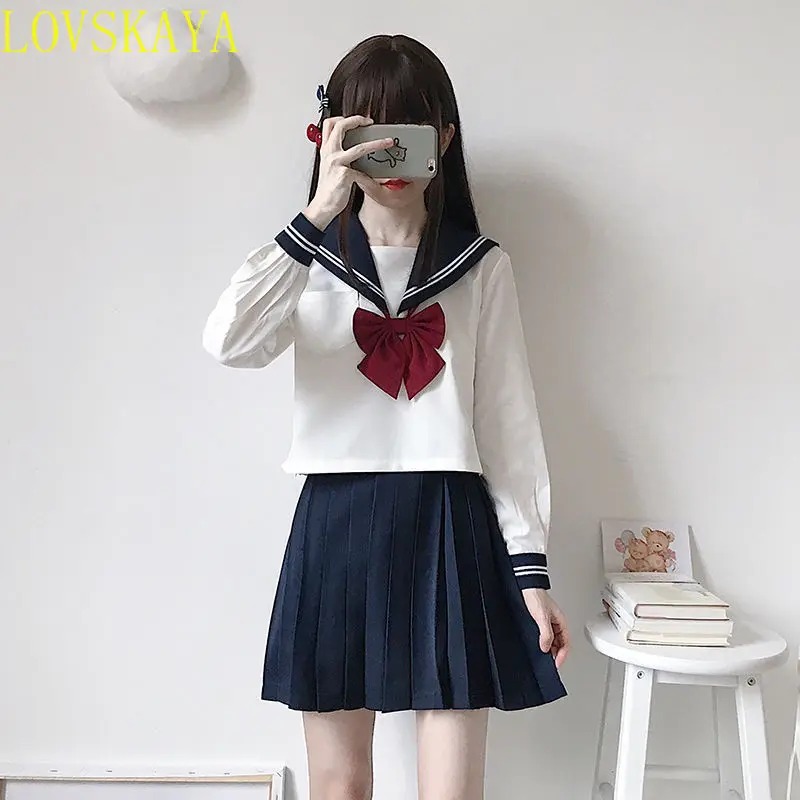 Student girl school uniform, girl navy blue clothing, women's sexy navy blue JK suit, sailor flower pleated skirt