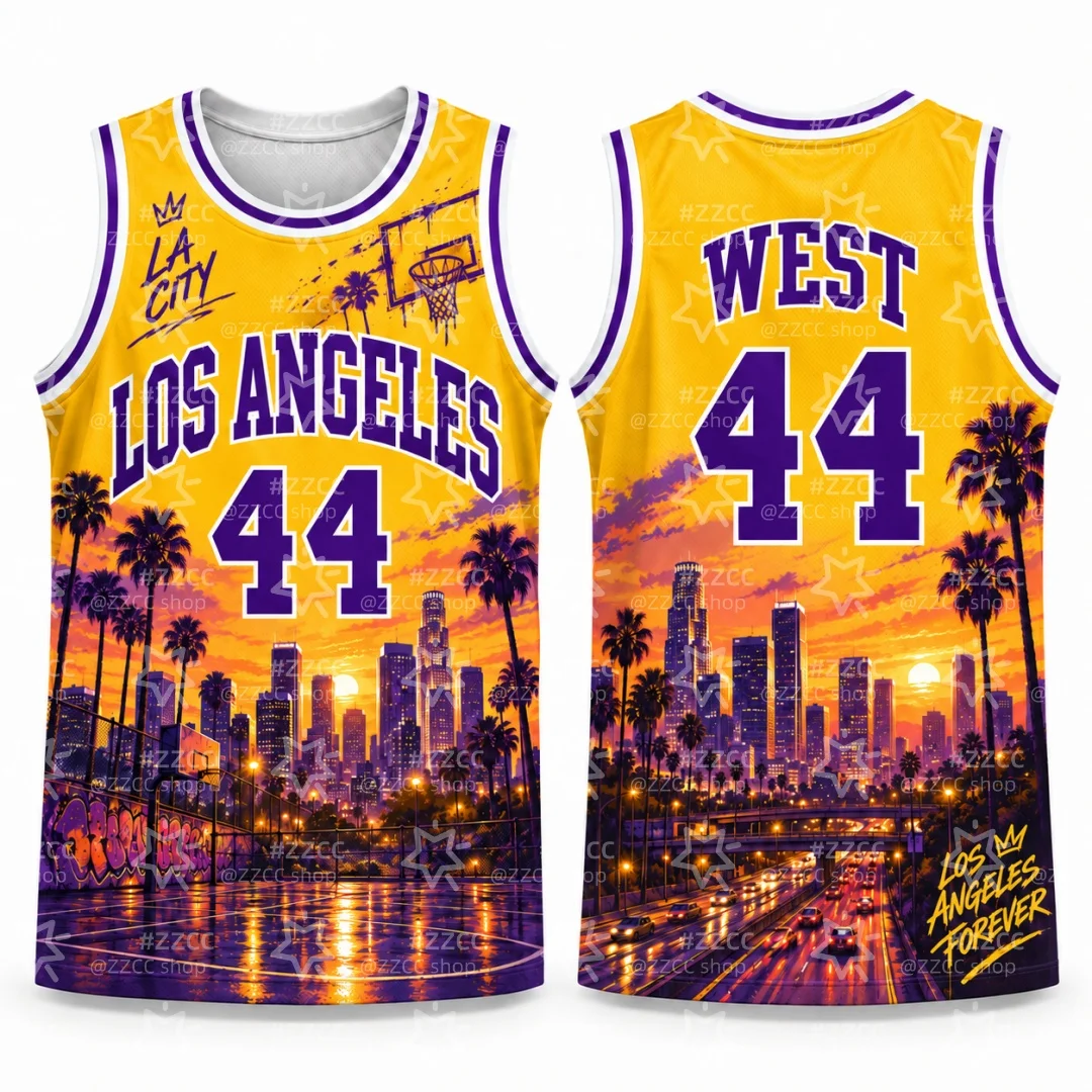 Men Los Angeles Cityscape Basketball Jersey Sunset Palm Tree Street Court Graphic Breathable Sports Tank Top Kids Clothes ﻿