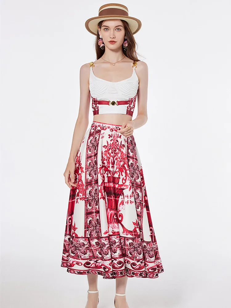 Autumn Holiday Blue And White Porcelain Print 2 Piece Set Women\'s Outfits Sexy Spaghetti Strap Padded Cup Top+Long Skirt Suits