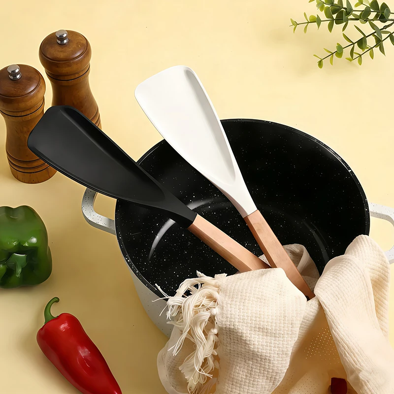1/2Pcs Silicone Spatula Cooking Spoon Multi-function Nonstick Spatulas with Wooden Handles for Baking Cooking And Mixing