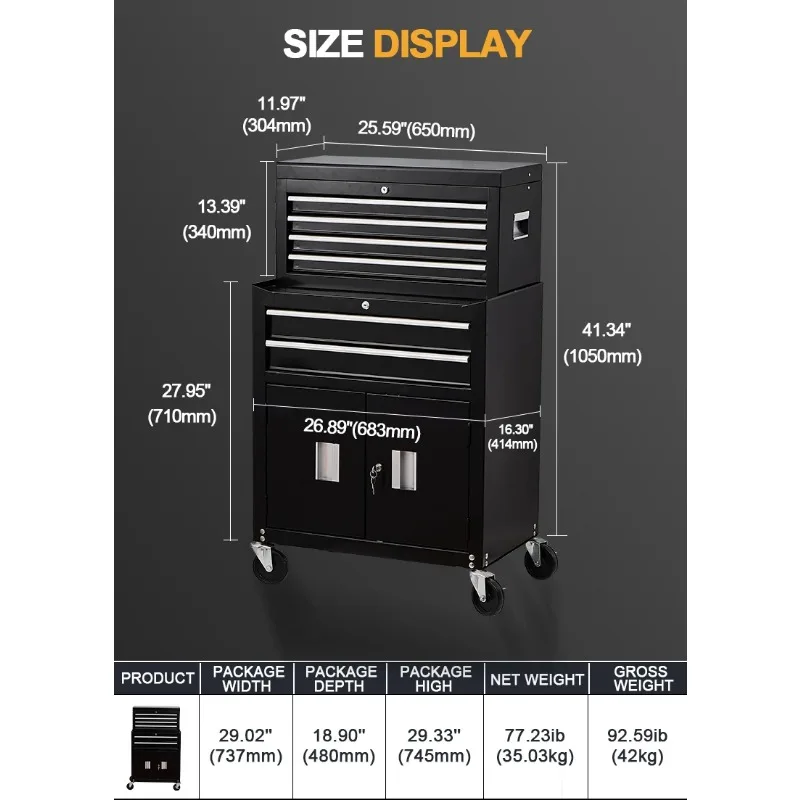 작업장 및 차고용 롤링 도구 상자, 캐비닛 도구 상자, 열쇠 잠금 장치 포함 서랍 6 개