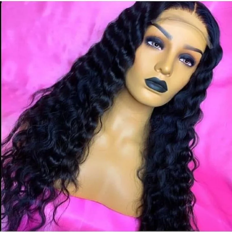 Soft 180 Density PrePlucked Long Glueless Black 26 inch Deep Wave Curly Lace Front Wigs For African Women Babyhair Daily