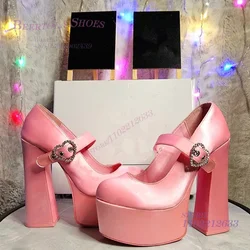 Gentle Tender Pink Girl Platform Pump Purple Chunky Heel Diamond Edge Buckle sandalo Blue Cute Woman Satin Glossy Party New Shoes