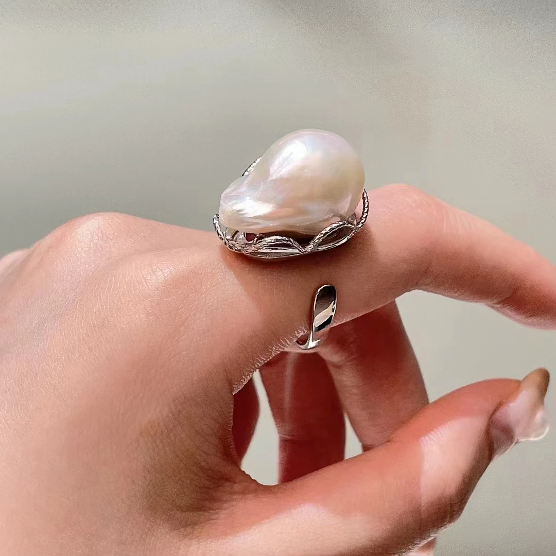 

Free Shipping Sterling Silver Classic Natural Pear Large Big Size Baroque Irregular Real Freshwater Pearl Ring Adjustable Sizee