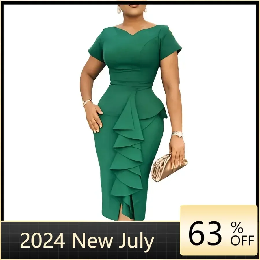 

Elegant African Dresses for Women 2024 Summer African Short Sleeve V-neck Polyester Bodycon Dress Gowns Outfits Africa Clothing