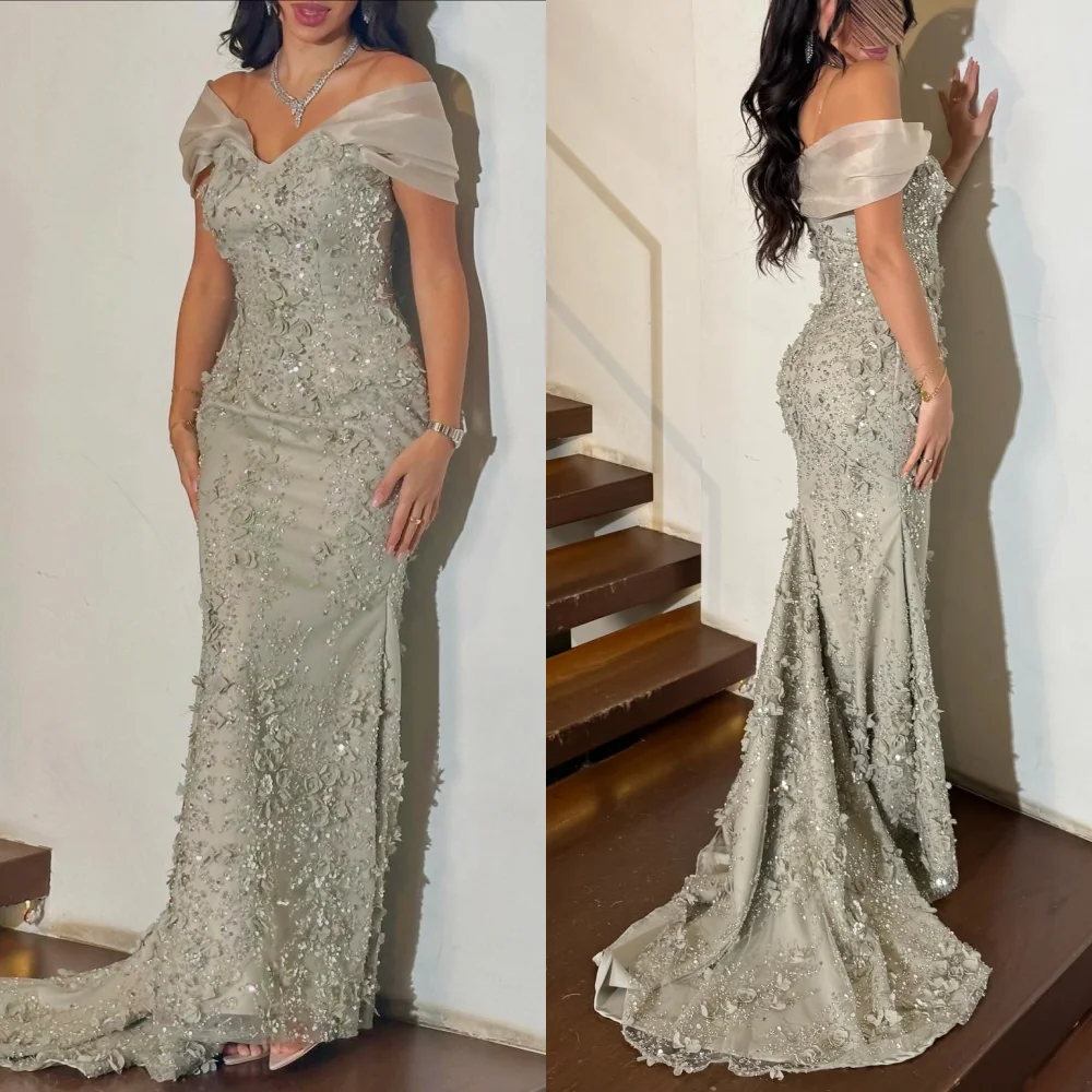 

Customized Jersey Applique Sequined Off-the-shoulder Floor-length Bespoke Occasion Women Luxury Evening Party Exquisite Glitter