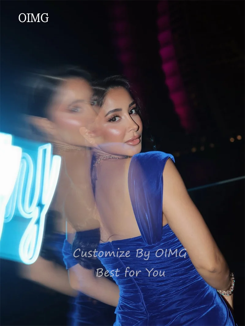 فستان سهرة OIMG Velvet باللون الأزرق الملكي حورية البحر بدون ظهر مطوي للحفلات بطول الأرض جاهز للحفلات حسب الطلب #3
