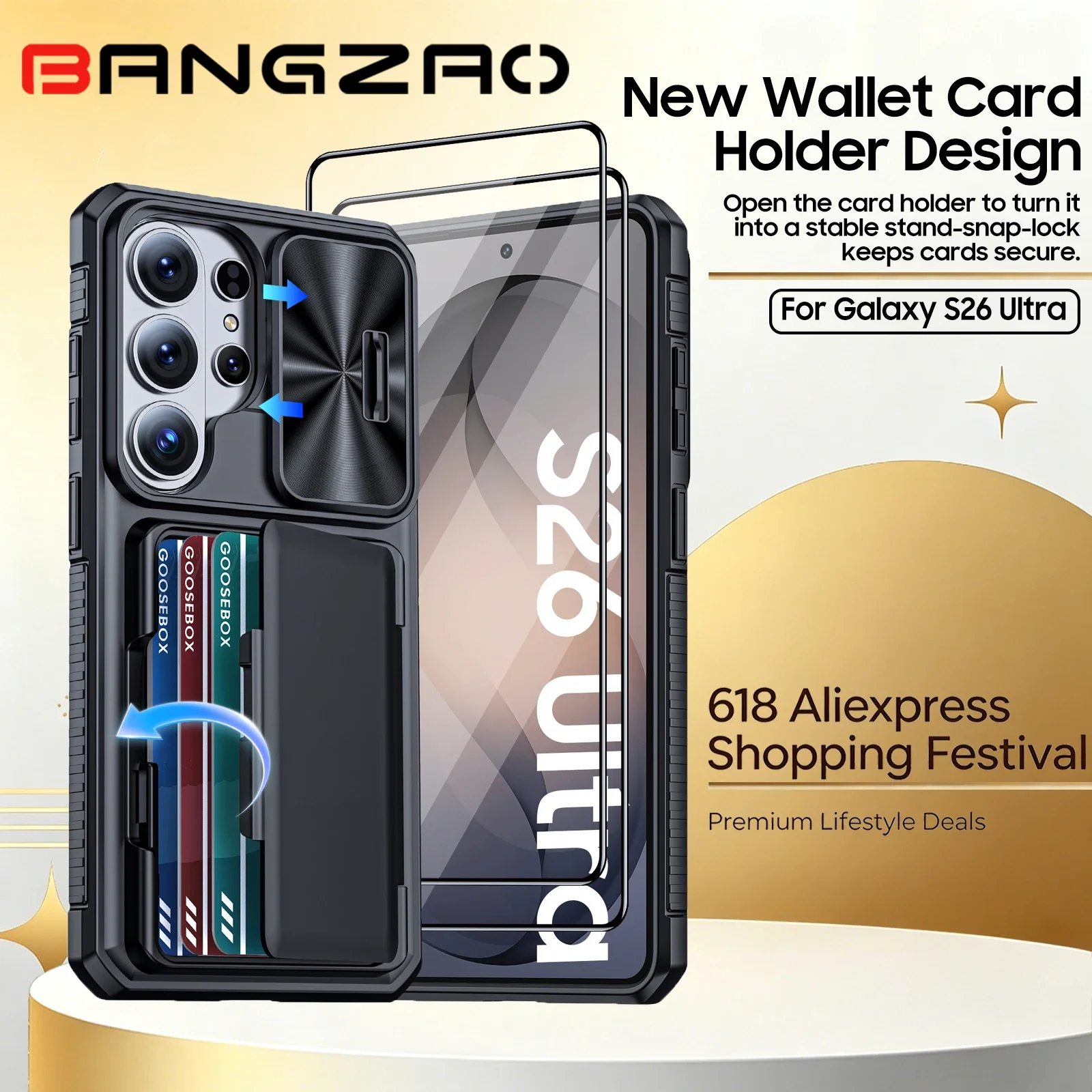 

618 Sale Shockproof Armor Case for Samsung Galaxy S26 Ultra with RFID Block Card Slot,Slide Lens Cover&Stable Kickstand-Black
