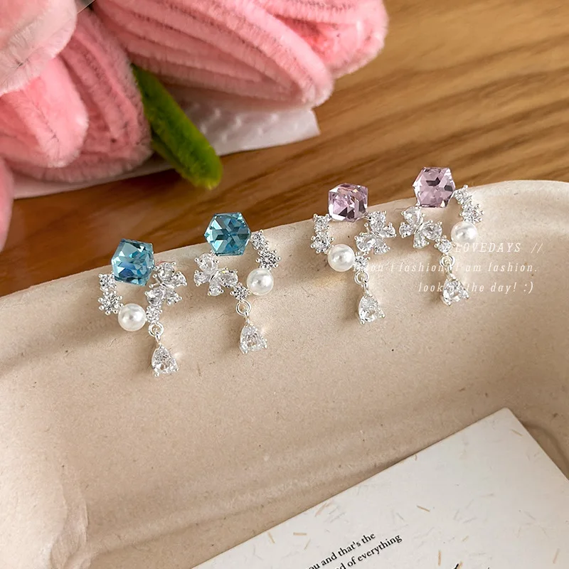 Stud Earrings Blue Purple Glittering Butterfly Drop Design with Cubic and Pearl Lightweight Trendy Spring Summer