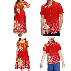 Polynesian House Party Set Crew Neck Short Sleeve Long Skirt Puffy Hemline Women Girls Dress Men Boys Shirt Casual Wear 2024
