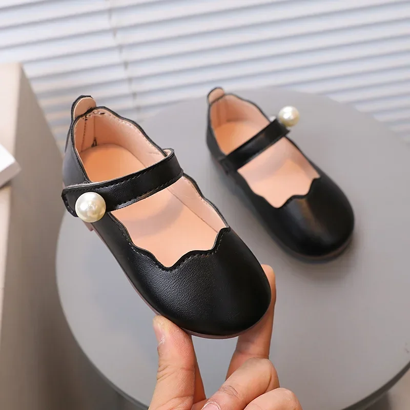 Girl's Mary Janes Pearl Shallow Black Beige Pu Leather Children Princess Shoes Four Seasons 21-30 Flexiable All-match Kids Flats