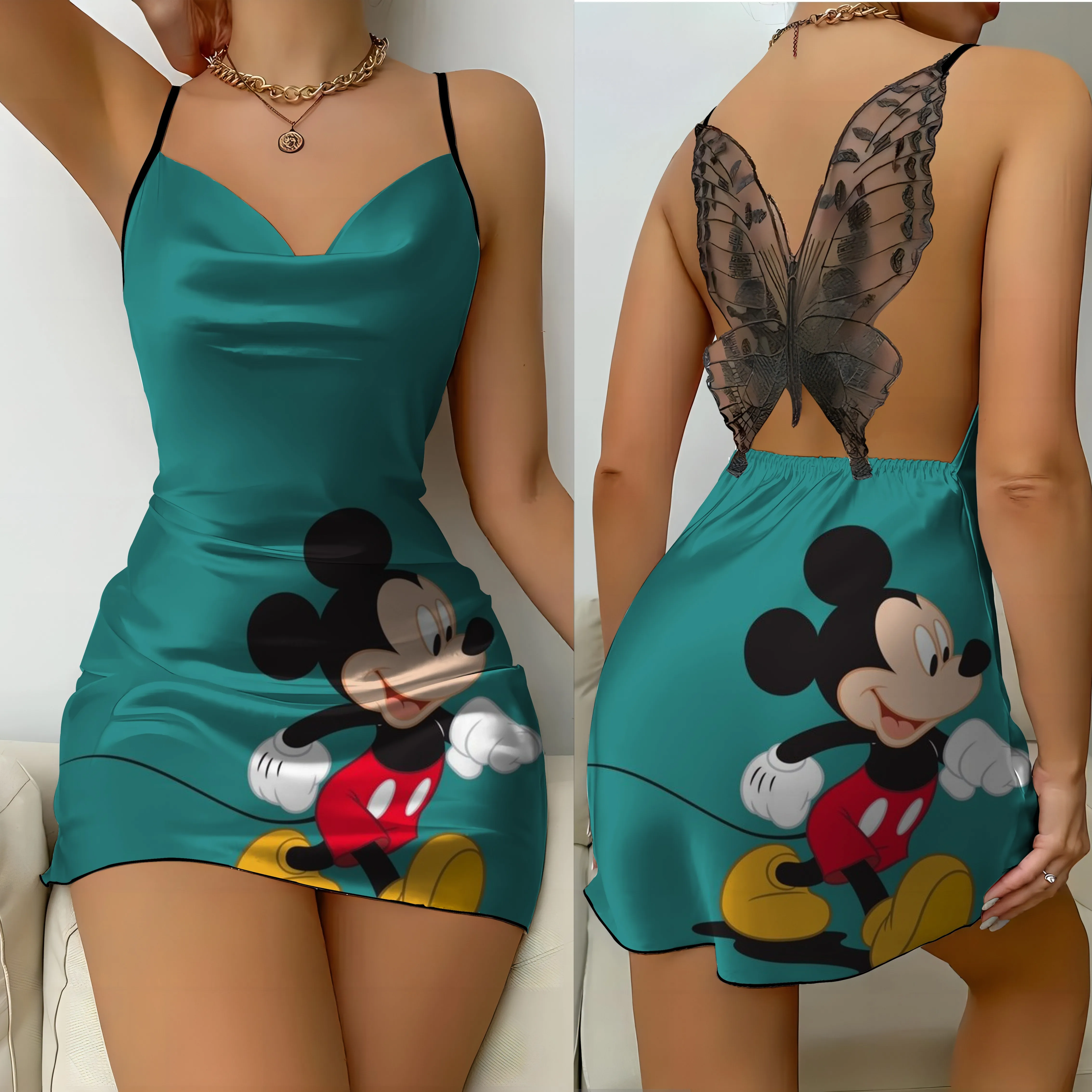 Abito senza schienale fiocco nodo Disney pigiama gonna moda abiti estivi 2024 superficie satinata Minnie Mouse Mickey Womens Party Mini Sexy