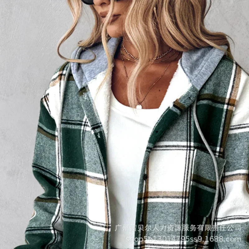 2024 Summer New Women\'s Mid-Length Plaid Hooded Jacket Casual Fashion Shirts Long Sleeve Shacket