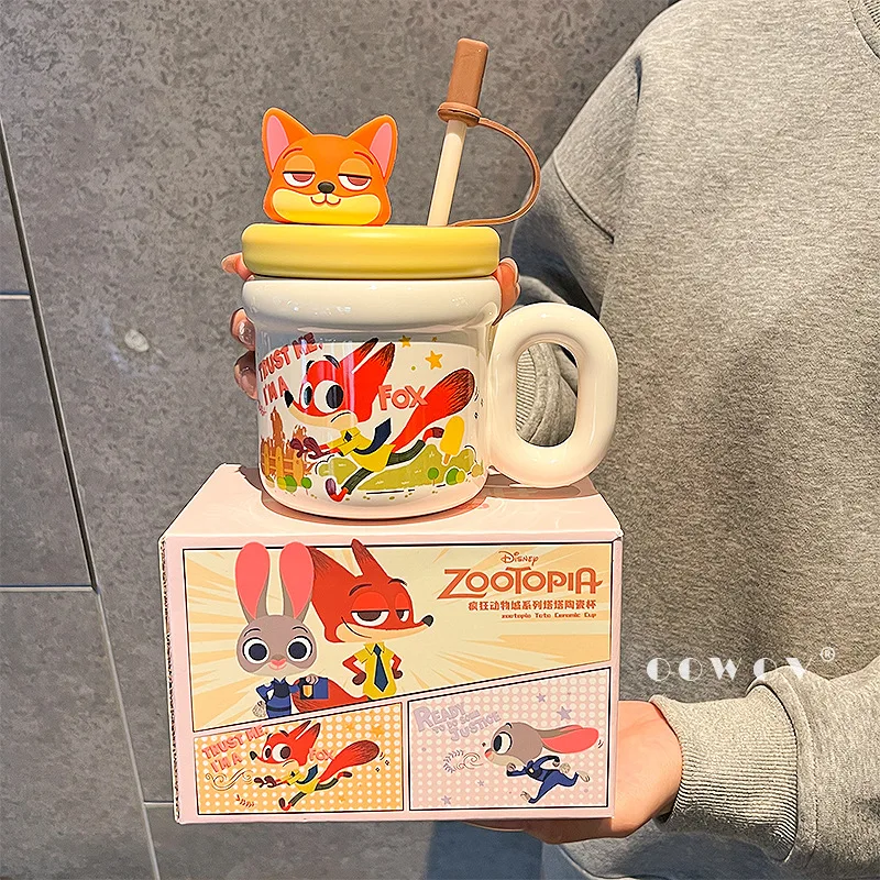 

2026 Disney Zootopia Nick & Judy & Stitch Large Capacity Ceramic Mug with Lid and Straw Cup Stylish Water Bottle Children Gift