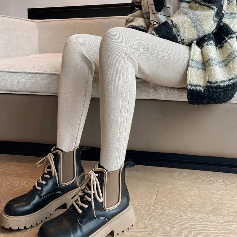 

Jacquard Striped Knitted Panties Autumn Winter New High-waisted Versatile Tight Elastic Inner and Outer Wear Small Feet Pants