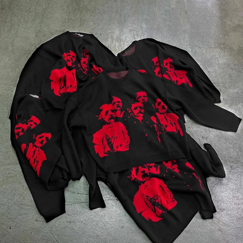 

Хип-хоп Harajuku Уличная одежда Унисекс Негабаритный свитер Вязаный абстрактный портретный принт Хлопок Зимняя мода Модная повседневная одежда