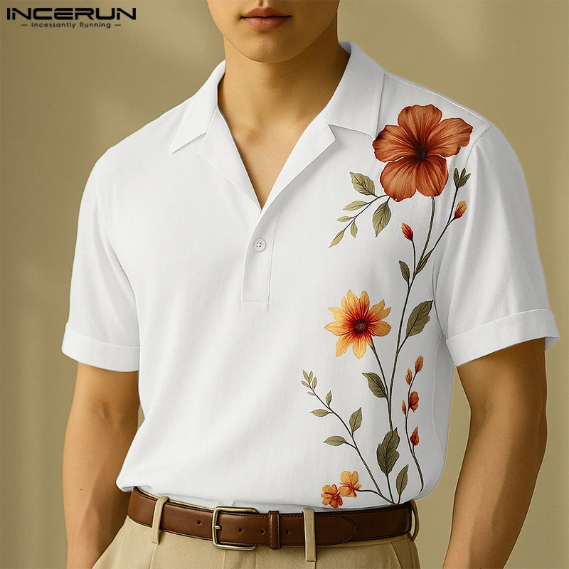 

INCERUN Men Shirt Flower Printing Lapel Short Sleeve Loose Summer Men Clothing Streetwear 2025 Korean Style Fashion Male Tops