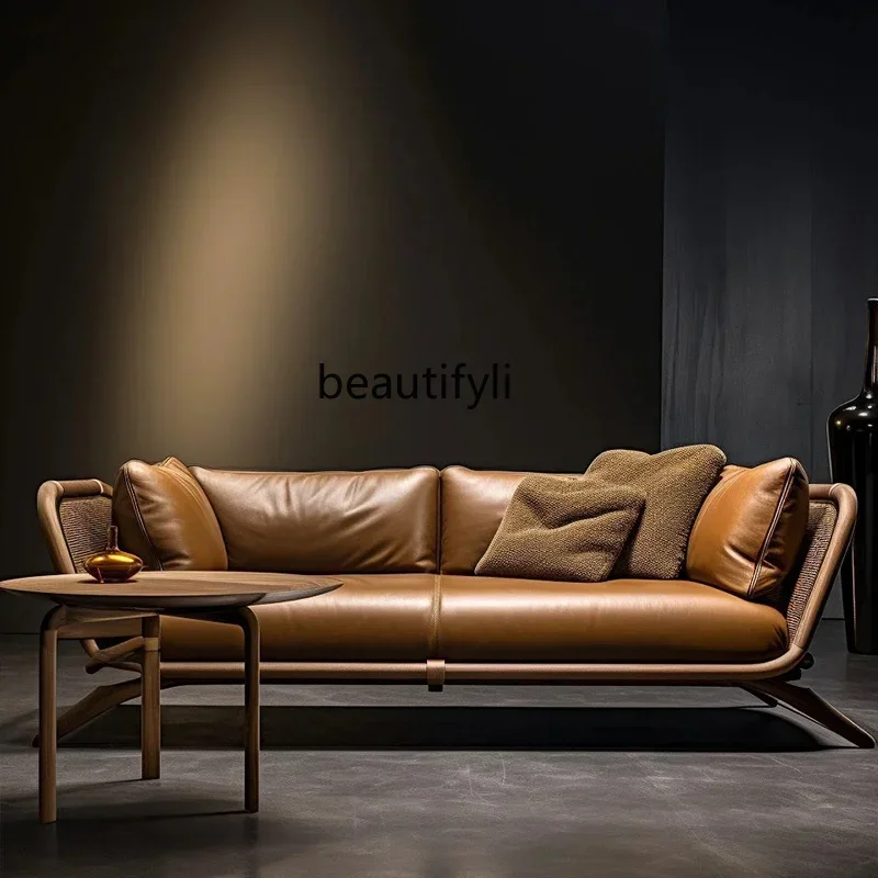 

New Chinese black walnut leather sofa, solid wood straight row sofa villa living room office furniture