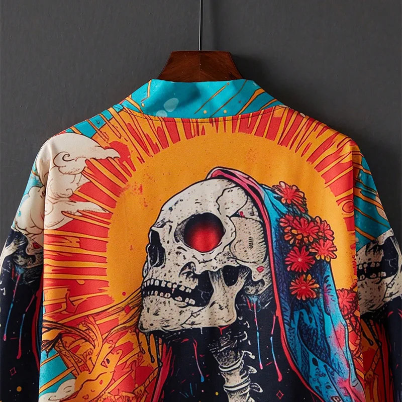 เสื้อคลุมกิโมโนสไตล์ญี่ปุ่นลายหัวกะโหลกสุดเทรนดี้ แฟชั่นสตรีท สไตล์ลำลองสำหรับฤดูร้อน เหมาะสำหรับคู่รัก ทรงโอเวอร์ไซส์ ใส่คลุมชุดว่ายน้ำไปเที่ยวทะเล ชุดคลุมวันพีซ