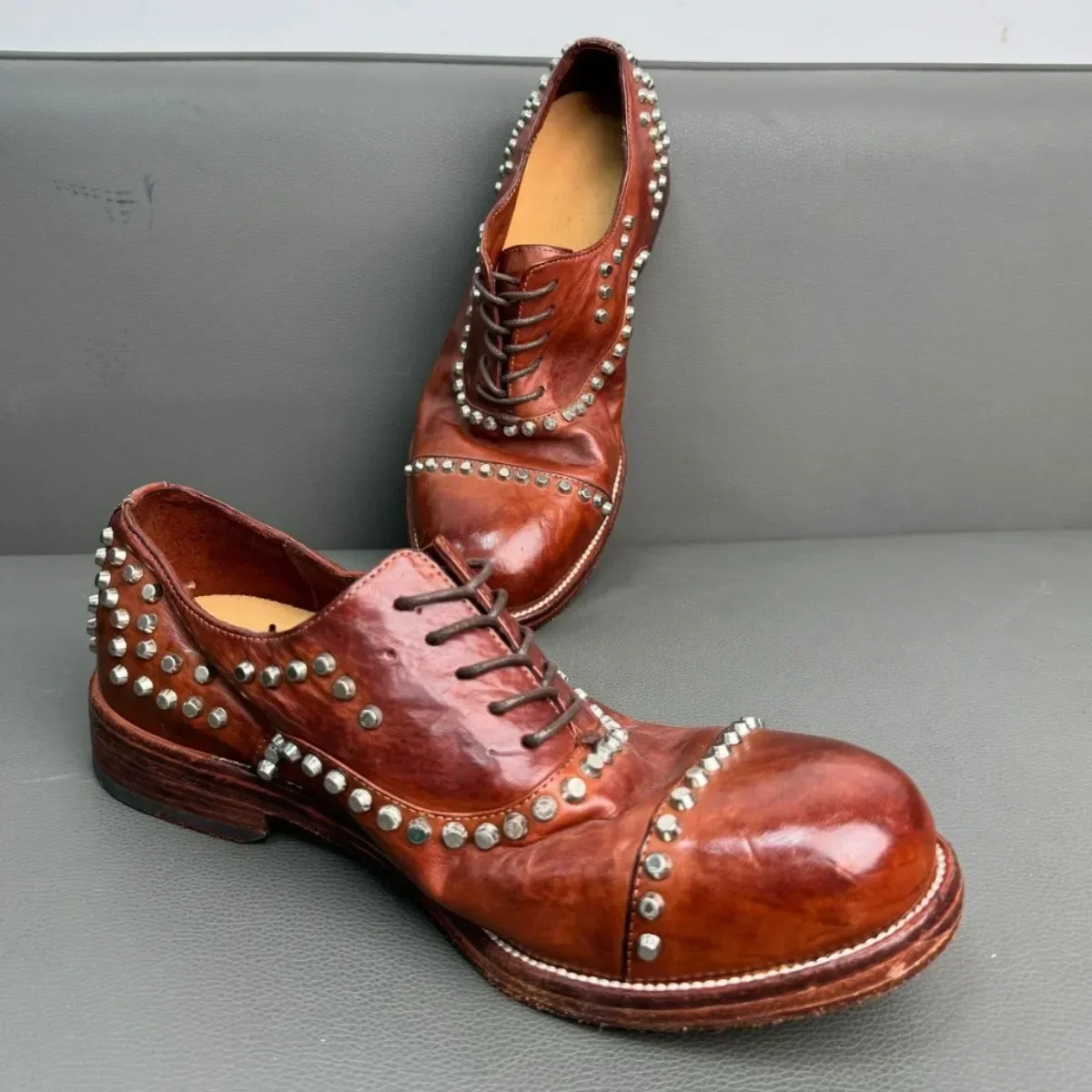 Goodyear-Welding New Rivet Decoration Fashion Trend Retro Alloy Leather Sole Horseskin Men's Leather Shoes