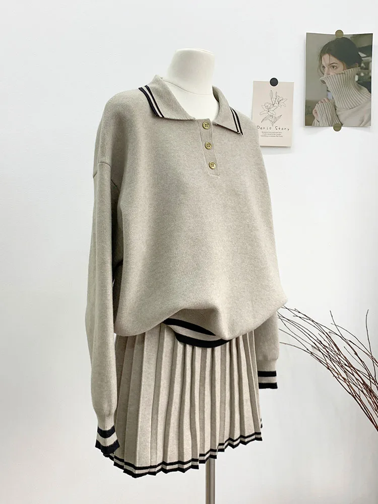 High Quality Luxury Khaki Outfits 2 Piece Skirt Set Polo-Neck Pullover + Elastic Waist A-Line Skirt Office Lady Autumn Winter